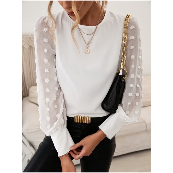 Black Swiss Dot Sheer Sleeve Chic Blouse Work Minimalist - Picture 2 of 8